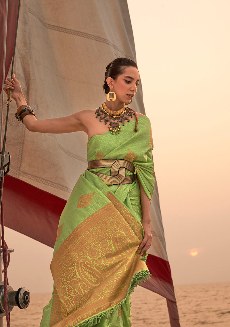 Monjolika Fashion Parrot Green Color Satin Pastel Handloom Weaving Saree | Grocsy