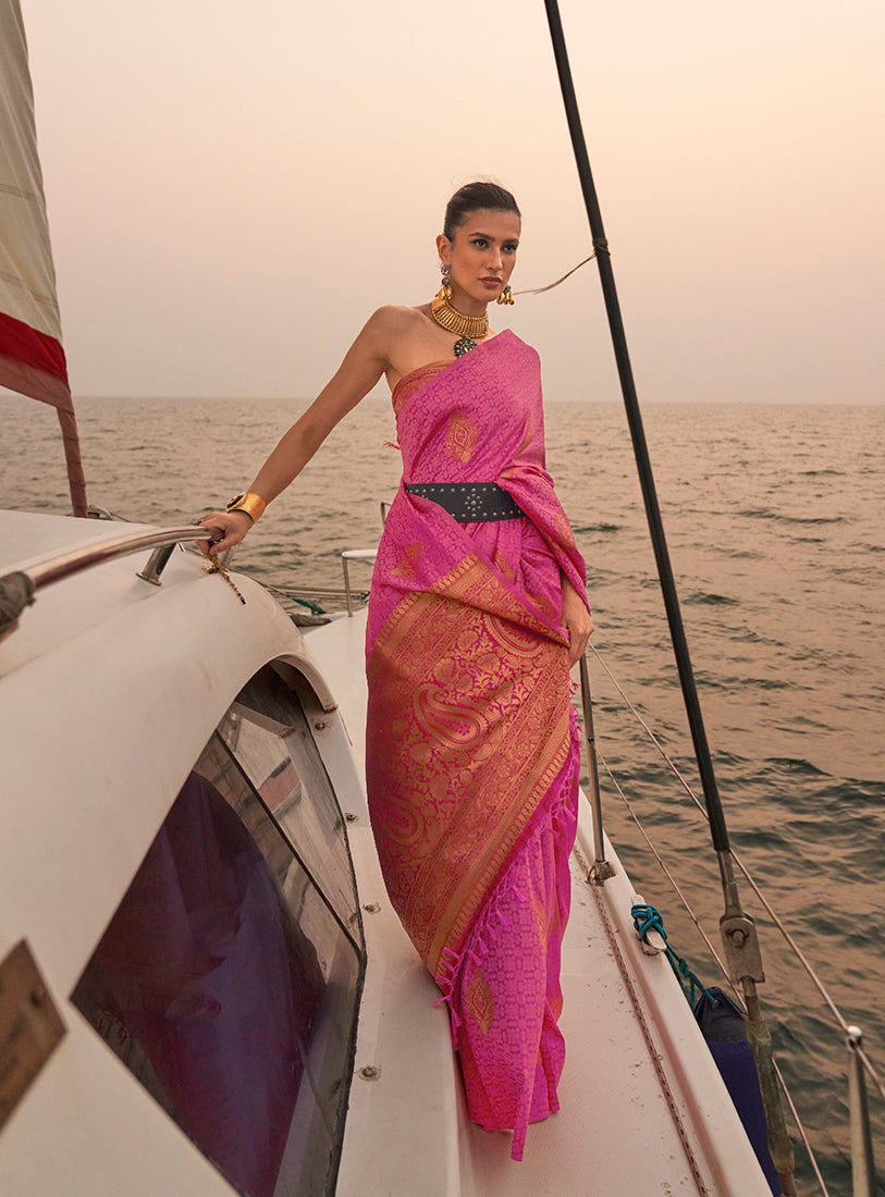 Monjolika Fashion Pink Color Satin Pastel Handloom Weaving Saree | Grocsy
