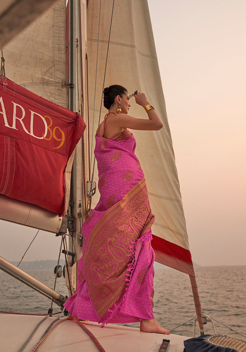 Monjolika Fashion Pink Color Satin Pastel Handloom Weaving Saree | Grocsy