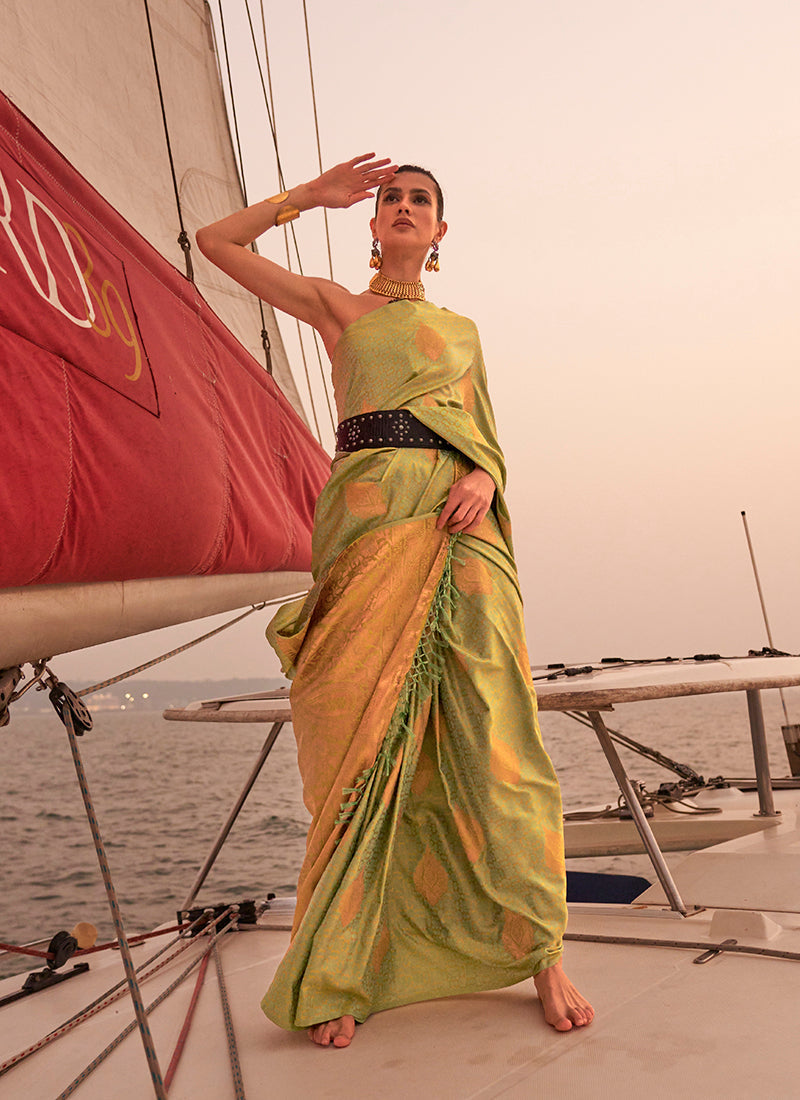 Monjolika Fashion Olive Green Color Satin Pastel Handloom Weaving Saree | Grocsy