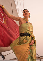 Monjolika Fashion Olive Green Color Satin Pastel Handloom Weaving Saree | Grocsy