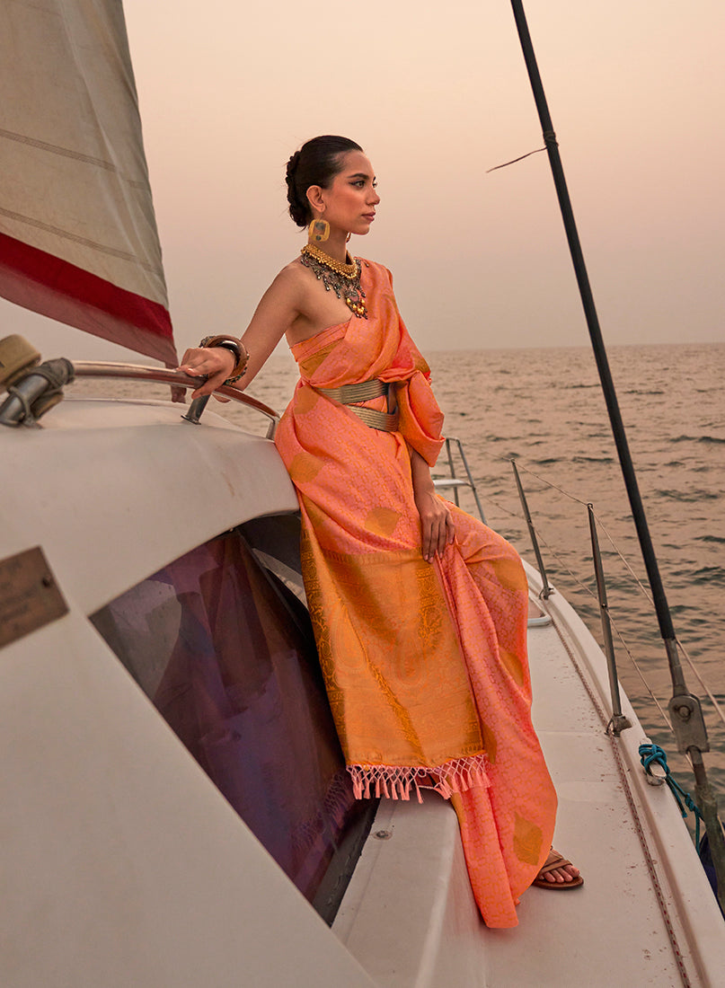 Monjolika Fashion Peach Color Satin Pastel Handloom Weaving Saree | Grocsy