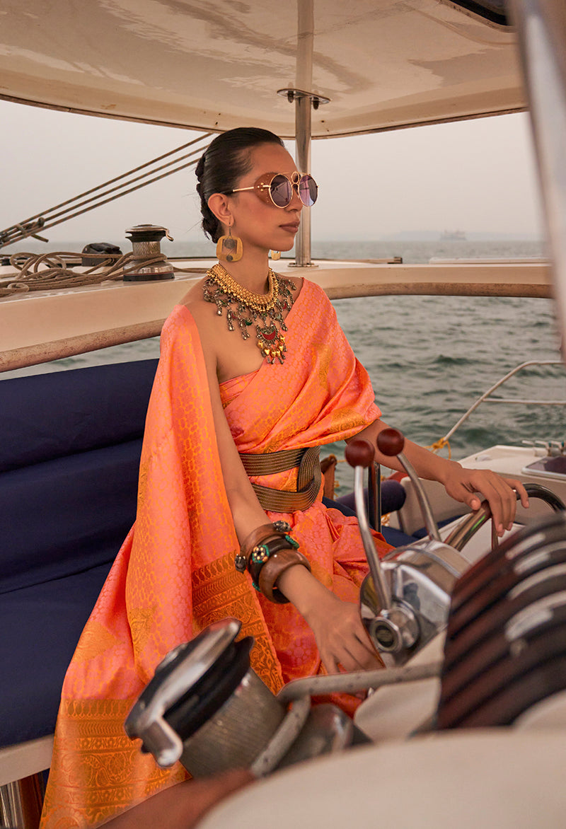 Monjolika Fashion Peach Color Satin Pastel Handloom Weaving Saree | Grocsy