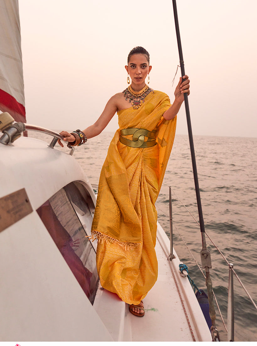 Monjolika Fashion Yellow Color Satin Pastel Handloom Weaving Saree | Grocsy