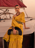Monjolika Fashion Yellow Color Satin Pastel Handloom Weaving Saree | Grocsy