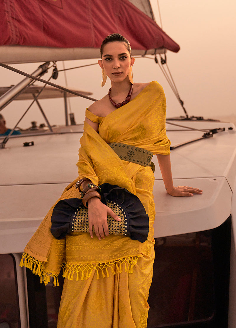 Monjolika Fashion Yellow Color Satin Pastel Handloom Weaving Saree | Grocsy