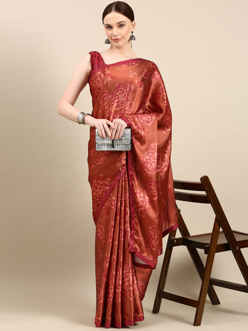 kasee Floral Print Satin Saree | Grocsy