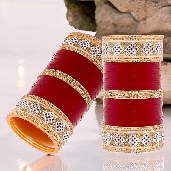 Tehzeeb Creations Bridal Bangle Set Wedding Punjabi Chuda Designer Chura CZ Stone Maroon Color Choora For Women | Grocsy