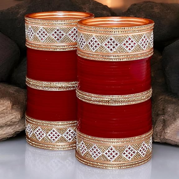 Tehzeeb Creations Bridal Bangle Set Wedding Punjabi Chuda Designer Chura CZ Stone Maroon Color Choora For Women | Grocsy