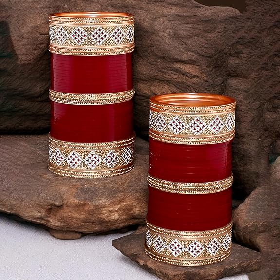 Tehzeeb Creations Bridal Bangle Set Wedding Punjabi Chuda Designer Chura CZ Stone Maroon Color Choora For Women | Grocsy