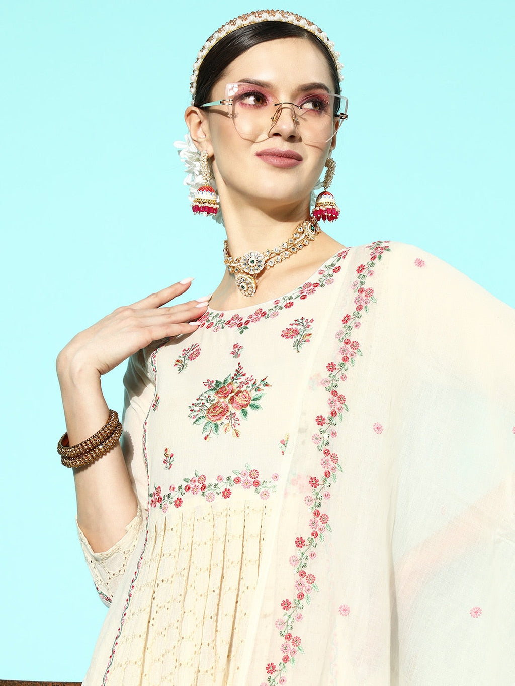 Sangria Women Floral Embroidered Sequinned Pure Cotton Kurta with Trousers & With Dupatta | Grocsy