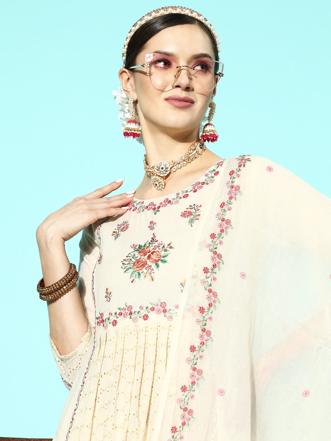 Sangria Women Floral Embroidered Sequinned Pure Cotton Kurta with Trousers & With Dupatta | Grocsy