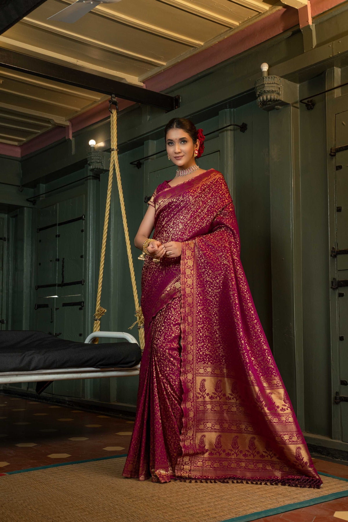 Vardha Wine Purple Golden Zari Banarasi Satin Silk Saree | Grocsy