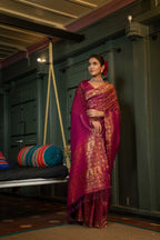 Vardha Wine Purple Golden Zari Banarasi Satin Silk Saree | Grocsy