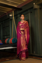 Vardha Wine Purple Golden Zari Banarasi Satin Silk Saree | Grocsy