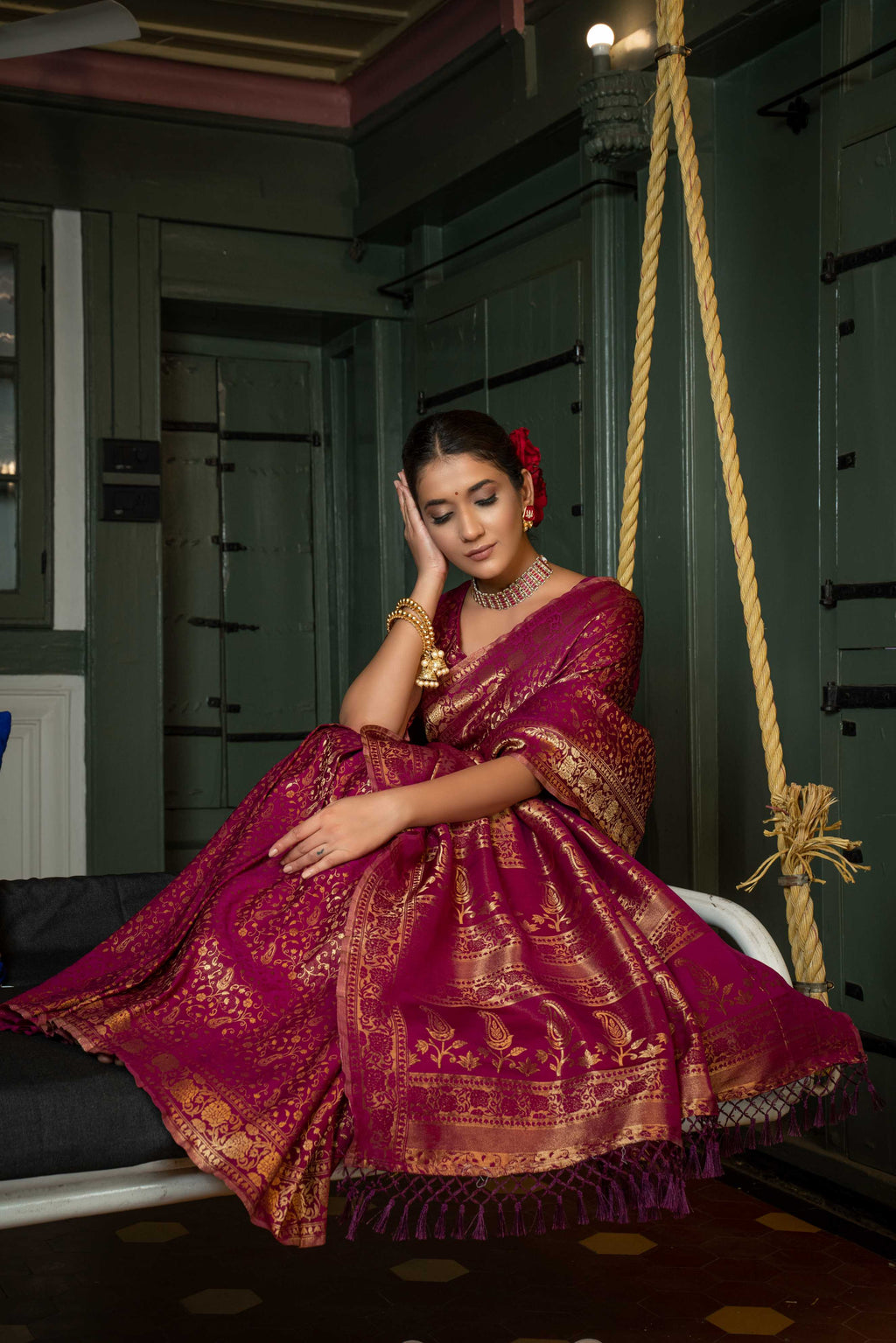 Vardha Wine Purple Golden Zari Banarasi Satin Silk Saree | Grocsy