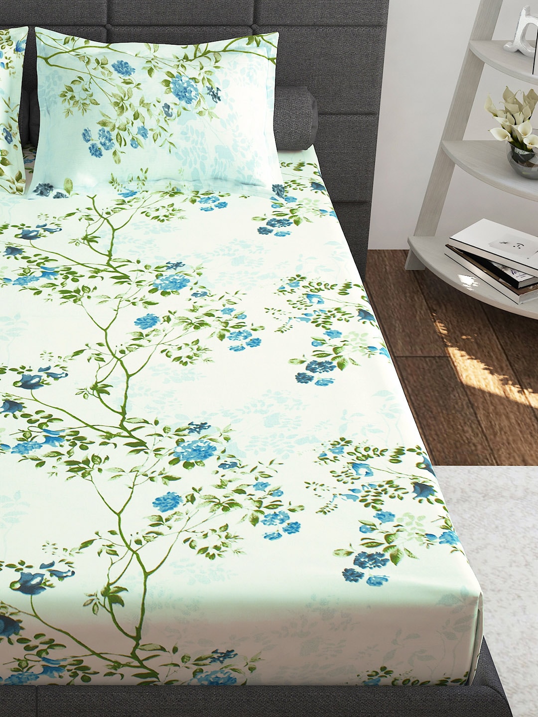 Story@home Ventura Blue & Green Floral Printed 152 TC Queen Bedsheet With 2 Pillow Covers | Grocsy