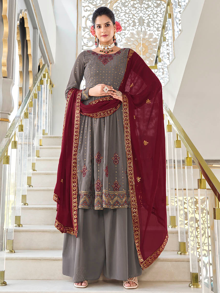 Myra Grey and Wine Real Georgette Gharara Suit | Grocsy