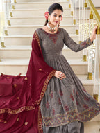 Myra Grey and Wine Real Georgette Gharara Suit | Grocsy