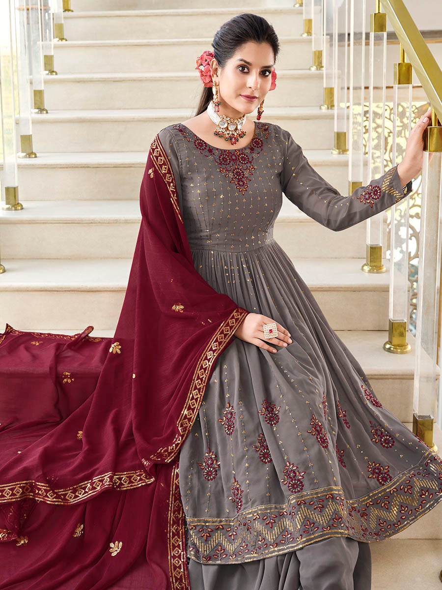 Myra Grey and Wine Real Georgette Gharara Suit | Grocsy