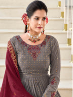 Myra Grey and Wine Real Georgette Gharara Suit | Grocsy