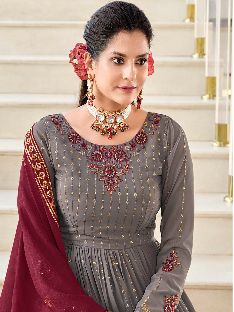 Myra Grey and Wine Real Georgette Gharara Suit | Grocsy