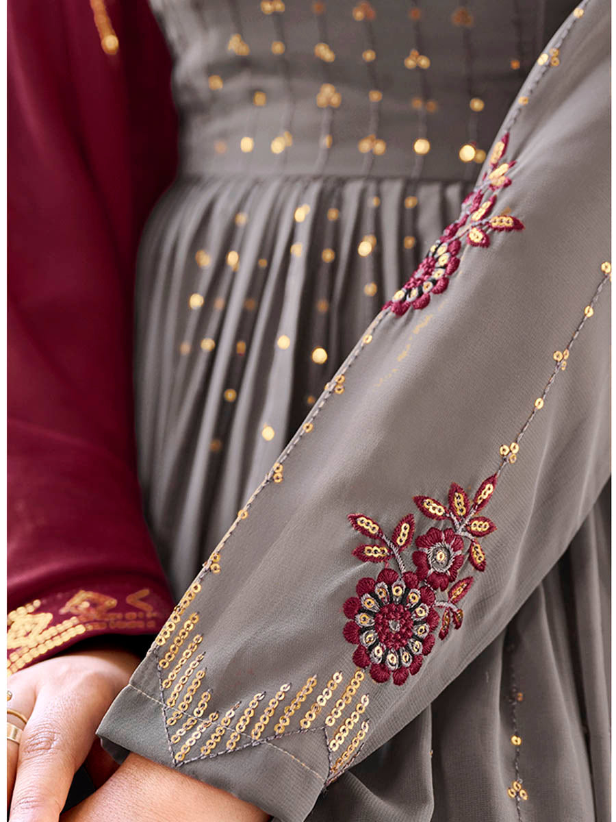 Myra Grey and Wine Real Georgette Gharara Suit | Grocsy