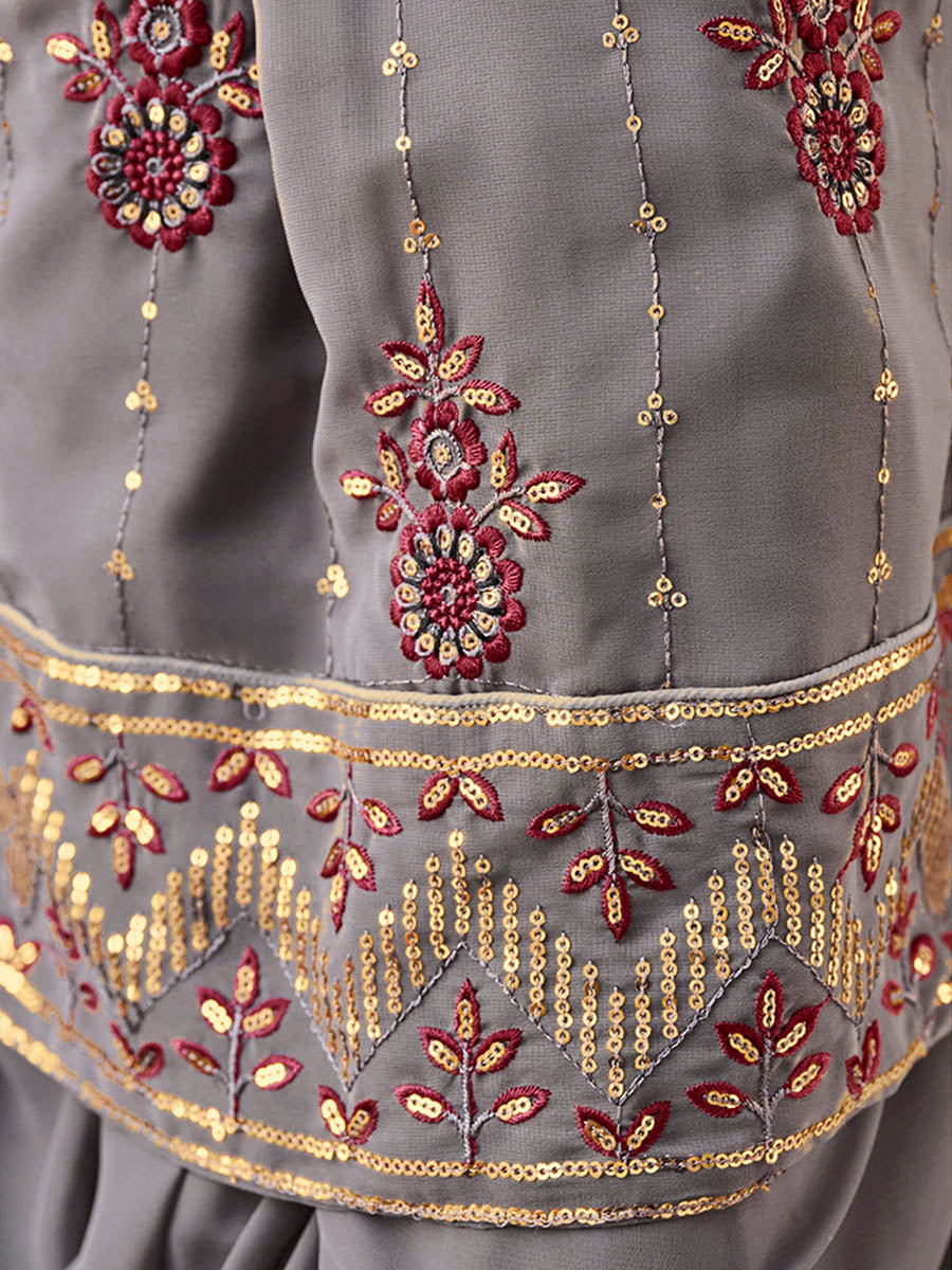 Myra Grey and Wine Real Georgette Gharara Suit | Grocsy