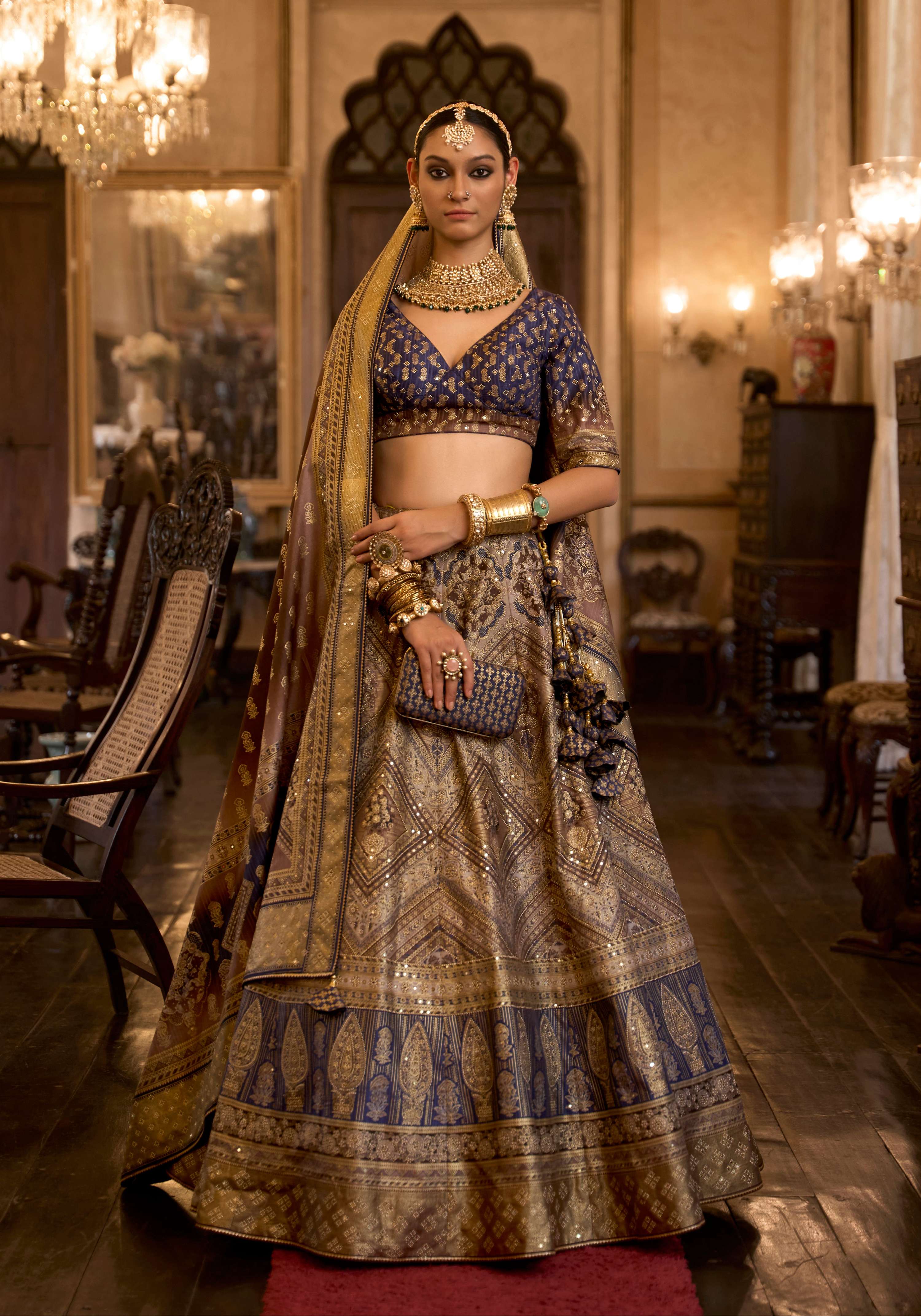 Monjolika Fashion Sequins Navy Blue Colour Rajwadi Silk Readymade Lehenga Choli | Grocsy