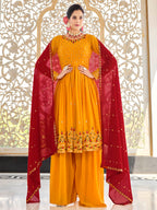 Myra Mustard Yellow and Red Real Georgette Gharara Suit | Grocsy