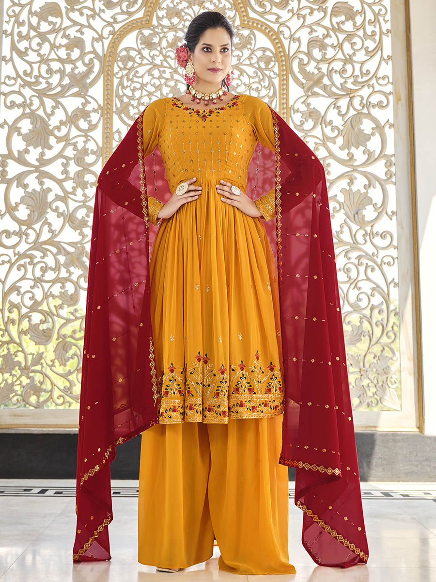 Myra Mustard Yellow and Red Real Georgette Gharara Suit | Grocsy