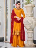 Myra Mustard Yellow and Red Real Georgette Gharara Suit | Grocsy