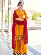 Myra Mustard Yellow and Red Real Georgette Gharara Suit | Grocsy