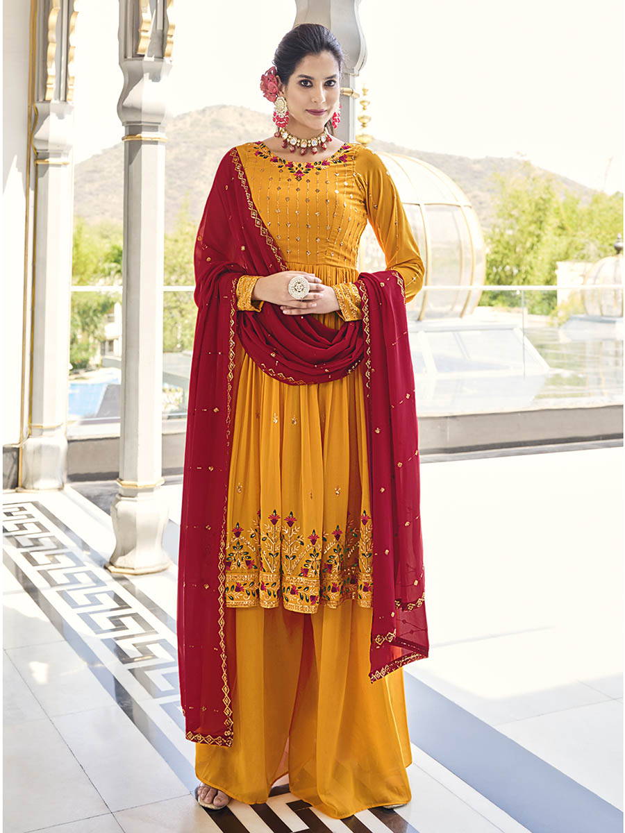 Myra Mustard Yellow and Red Real Georgette Gharara Suit | Grocsy