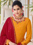 Myra Mustard Yellow and Red Real Georgette Gharara Suit | Grocsy