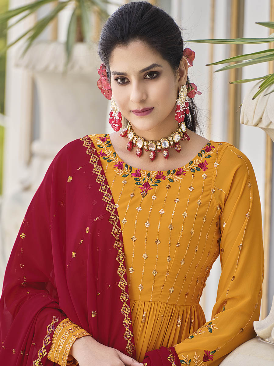Myra Mustard Yellow and Red Real Georgette Gharara Suit | Grocsy