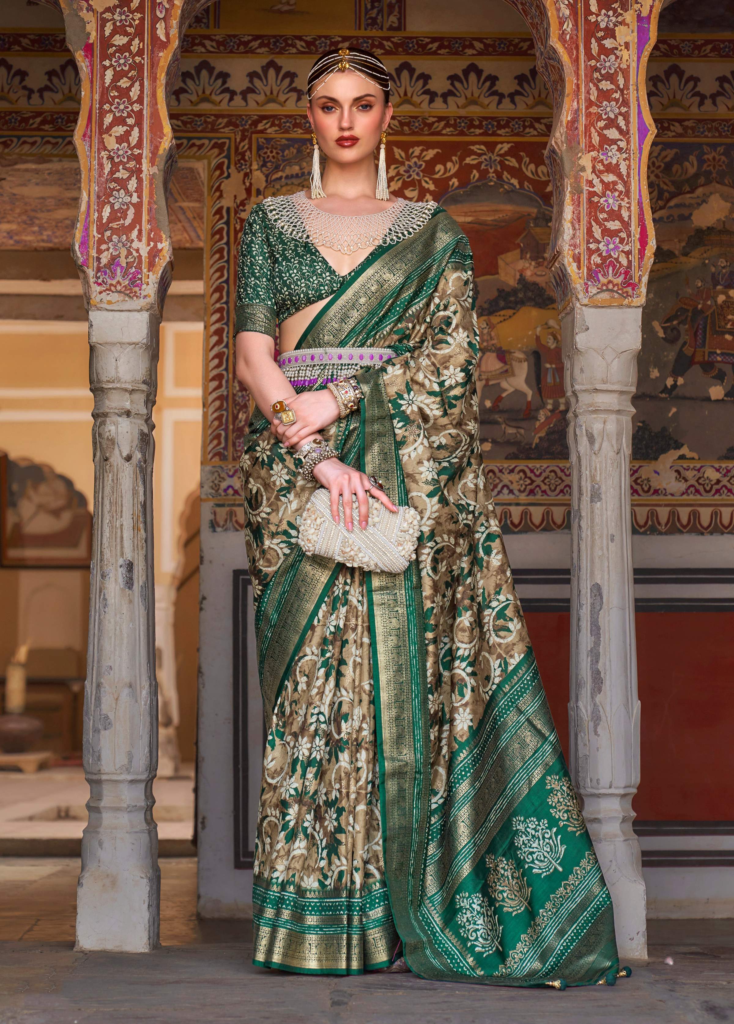Monjolika Fashion Dark Green Color Silk Ajarak Design Traditional Saree | Grocsy