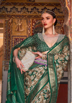 Monjolika Fashion Dark Green Color Silk Ajarak Design Traditional Saree | Grocsy