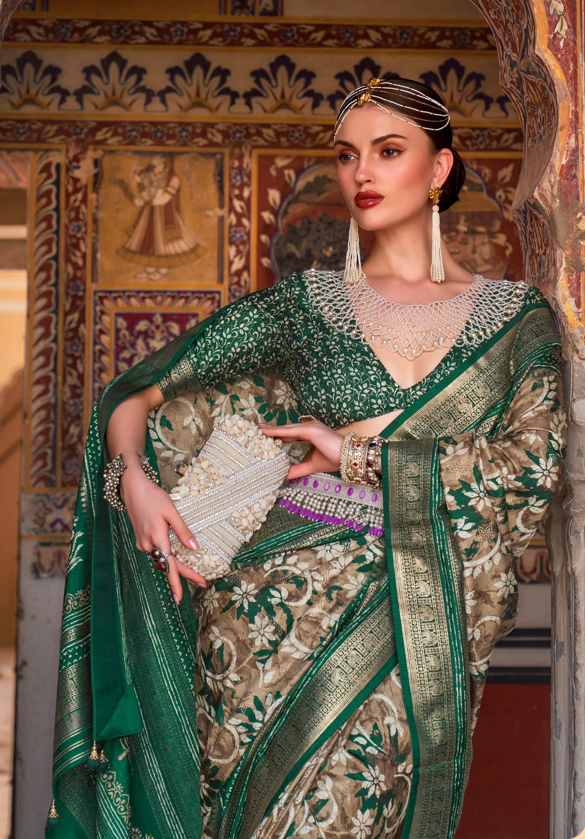 Monjolika Fashion Dark Green Color Silk Ajarak Design Traditional Saree | Grocsy