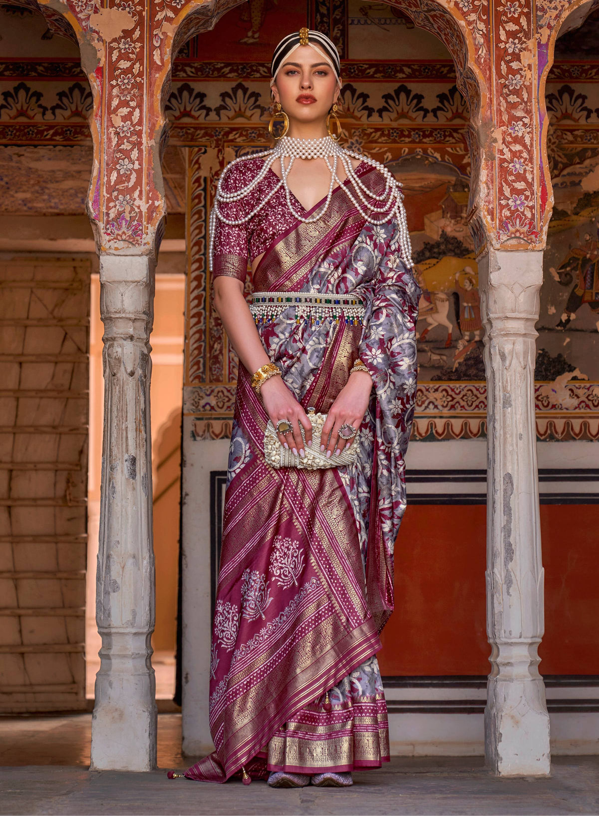 Monjolika Fashion Grey Color Silk Ajarak Design Traditional Saree | Grocsy