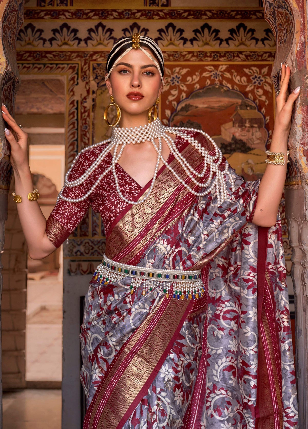 Monjolika Fashion Grey Color Silk Ajarak Design Traditional Saree | Grocsy