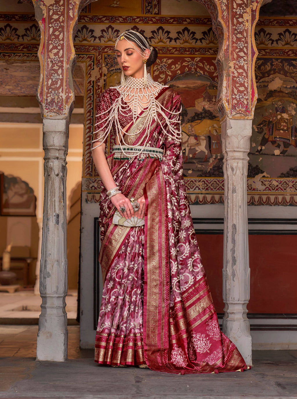 Monjolika Fashion Red Color Silk Ajarak Design Traditional Saree | Grocsy