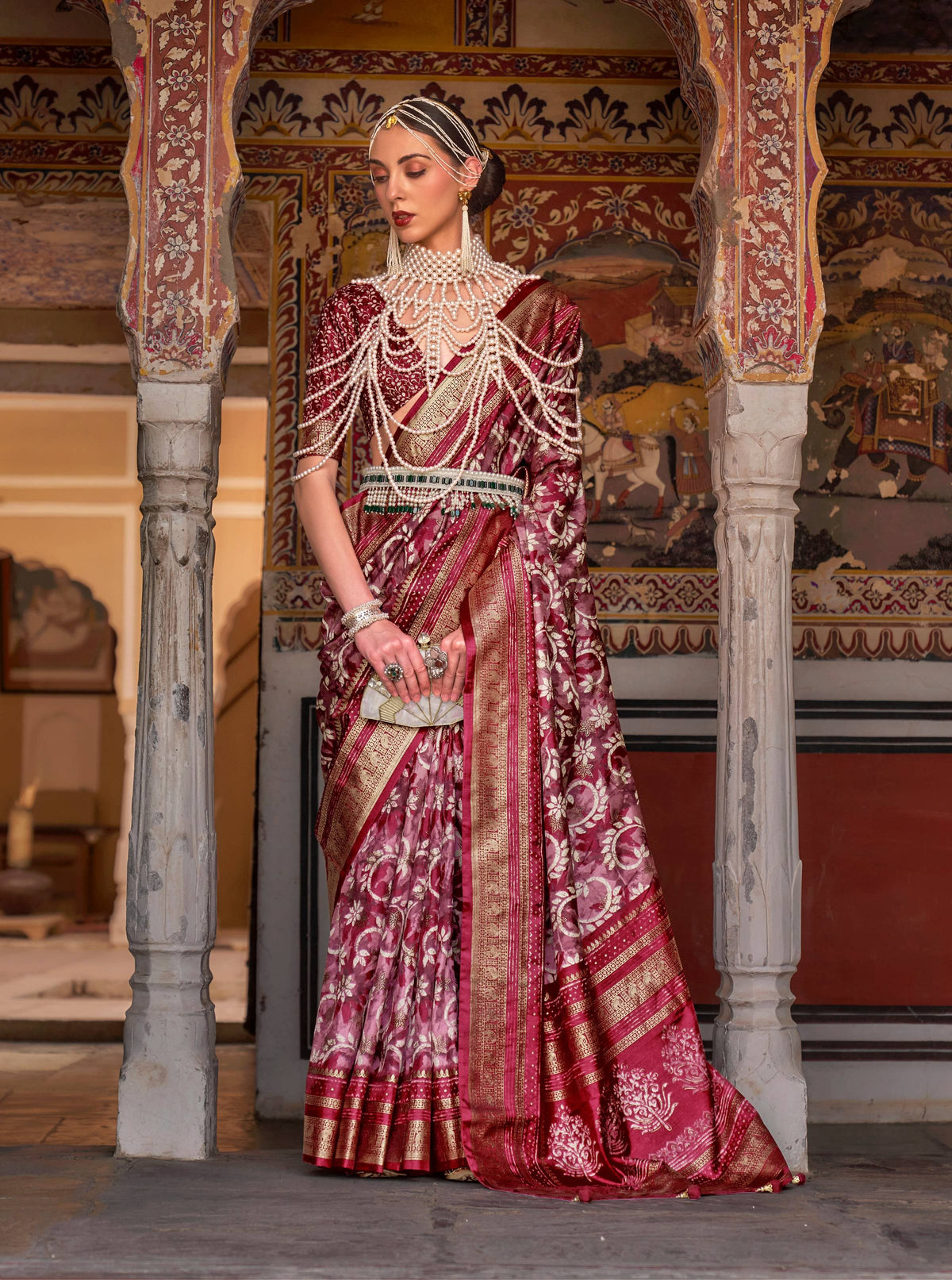 Monjolika Fashion Red Color Silk Ajarak Design Traditional Saree | Grocsy