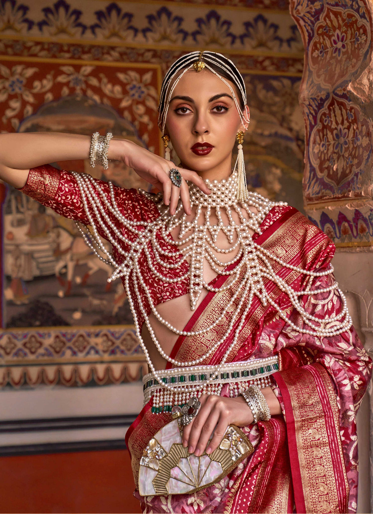 Monjolika Fashion Red Color Silk Ajarak Design Traditional Saree | Grocsy