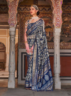 Monjolika Fashion Navy Blue Color Silk Ajarak Design Traditional Saree | Grocsy