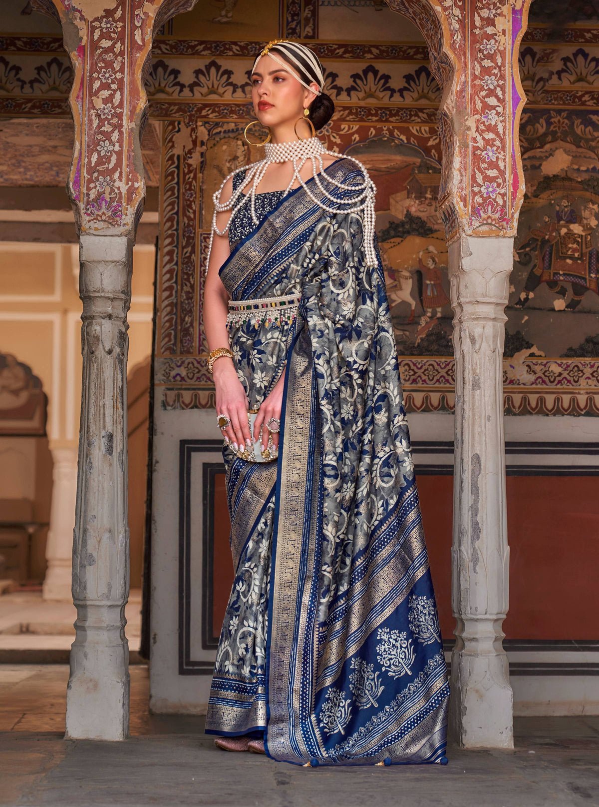 Monjolika Fashion Navy Blue Color Silk Ajarak Design Traditional Saree | Grocsy