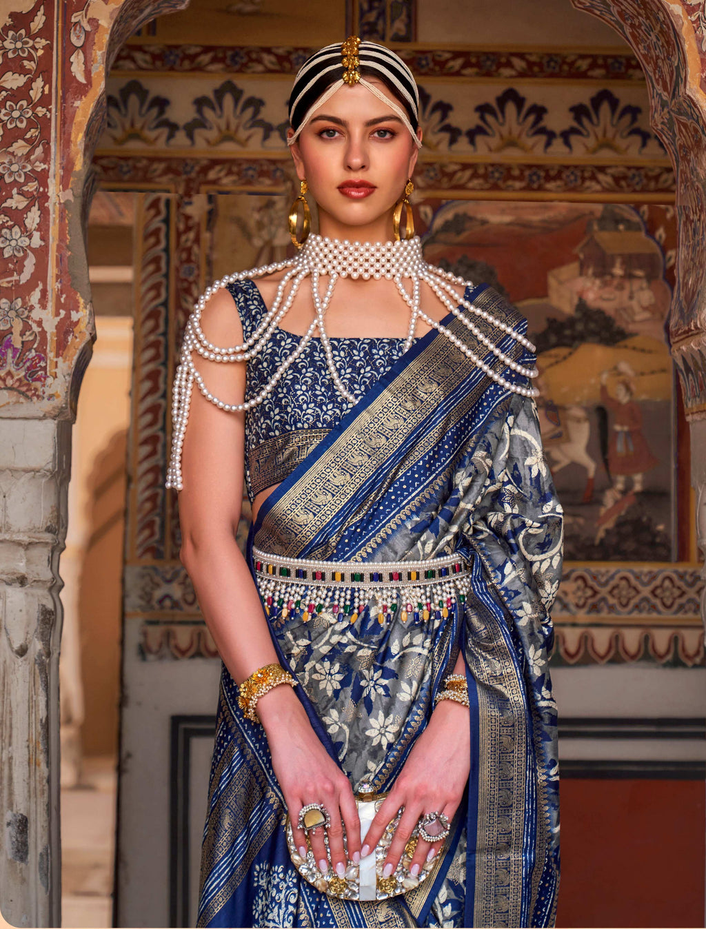 Monjolika Fashion Navy Blue Color Silk Ajarak Design Traditional Saree | Grocsy