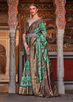 Monjolika Fashion Green Color Silk Ajarak Design Traditional Saree | Grocsy