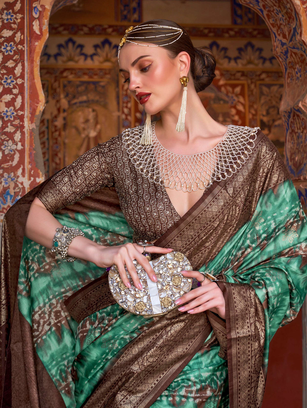 Monjolika Fashion Green Color Silk Ajarak Design Traditional Saree | Grocsy