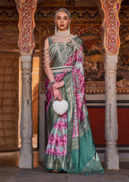 Monjolika Fashion Pink And Green Color Silk Ajarak Design Traditional Saree | Grocsy